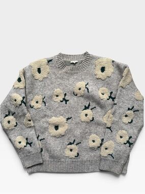 En Crème Floral Textured Crewneck Sweater Gray Cream Women’s Size M